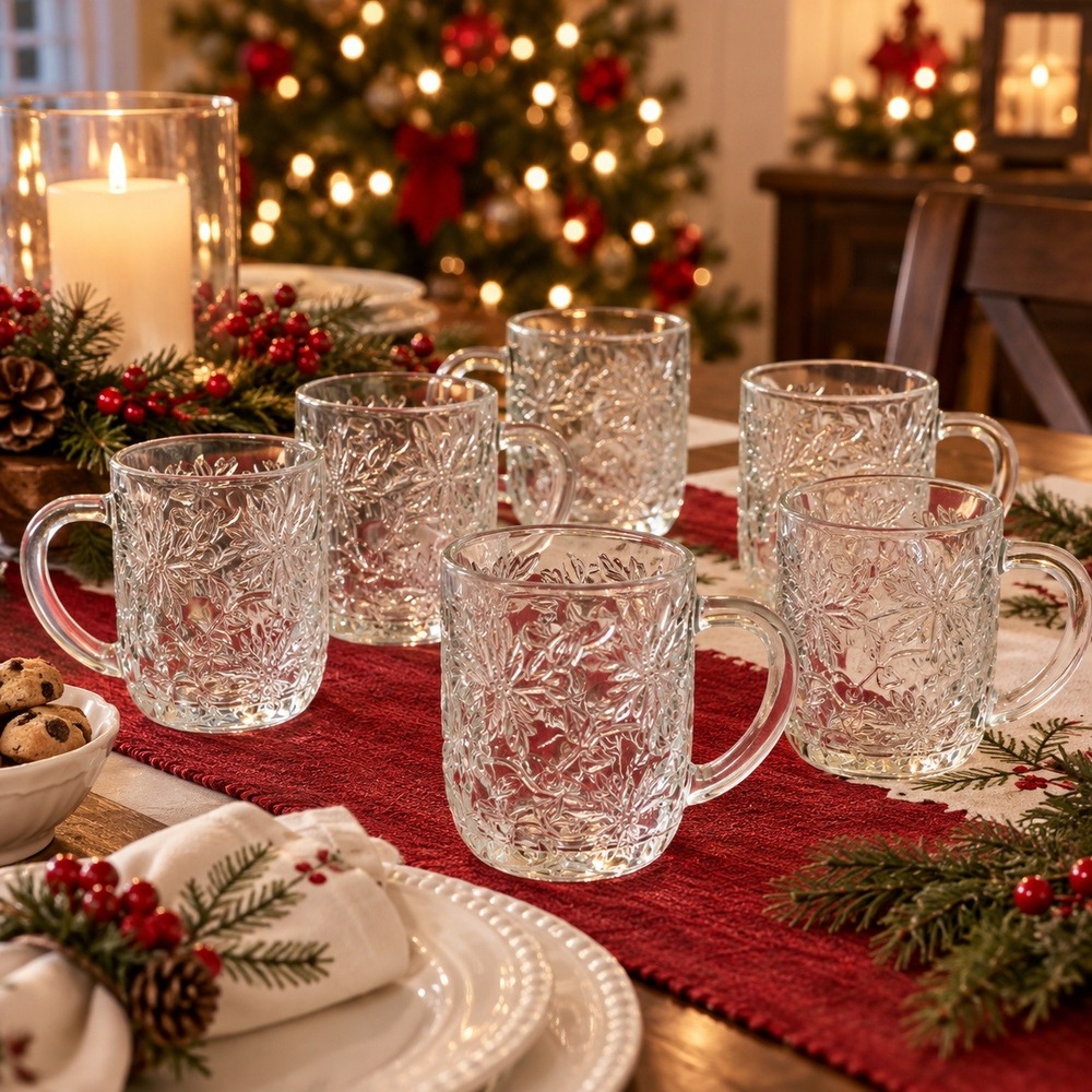 Princess House Poinsettia Glass Mugs Set of 6 Clear 10oz Christmas Floral Mugs